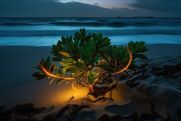 neon plant growing on sandy beach, with waves rolling in the background, created with generative ai