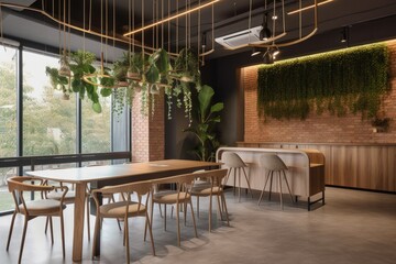 co-working space with interiors inspired by nature and greenery, created with generative ai
