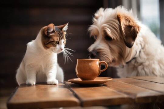 coffee break ritual with pet or friend joining in on the fun, created with generative ai