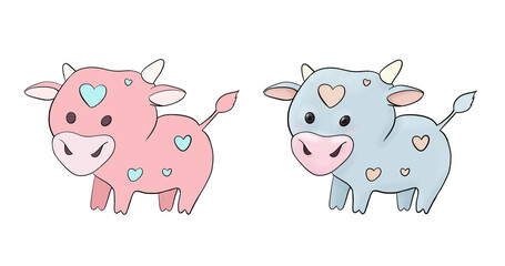 Bull symbol of 2021 on a white background. Set of two cartoon illustrations of bulls with hearts. Design for postcards, paper, notebooks, packaging, fabrics, children's clothing.
