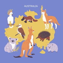 Map of Australia and Australian animals, flat vector illustration.