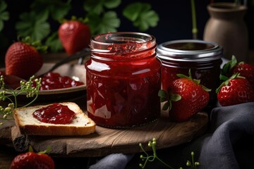 Fototapeta na wymiar jar of homemade strawberry jam, ready to be served on toast or enjoyed with cheese and crackers, created with generative ai