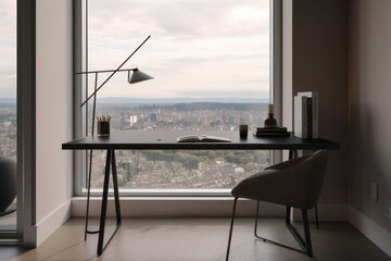 minimalist home office setup with sleek desk, minimalist accessories, and view of the city, created with generative ai