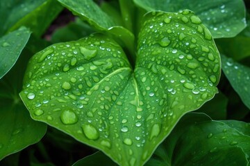 close-up of vibrant green leaves with dew on the petals, created with generative ai