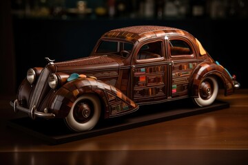 hand-crafted chocolate sculpture of a classic luxury car, featuring intricate details and vibrant colors, created with generative ai