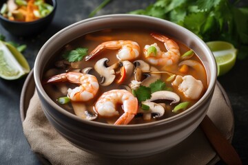 bowl of tom yam soup with shrimp, mushrooms, and lemongrass, created with generative ai