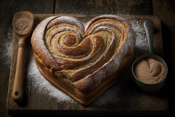 heart-shaped bread loaf with a cinnamon swirl and sprinkle of sugar, created with generative ai