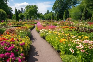 botanical garden, with blooming flowers and greenery in full bloom, created with generative ai - obrazy, fototapety, plakaty