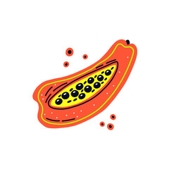 Acid fruit papaya slice with decorative dots. Hand drawn vector