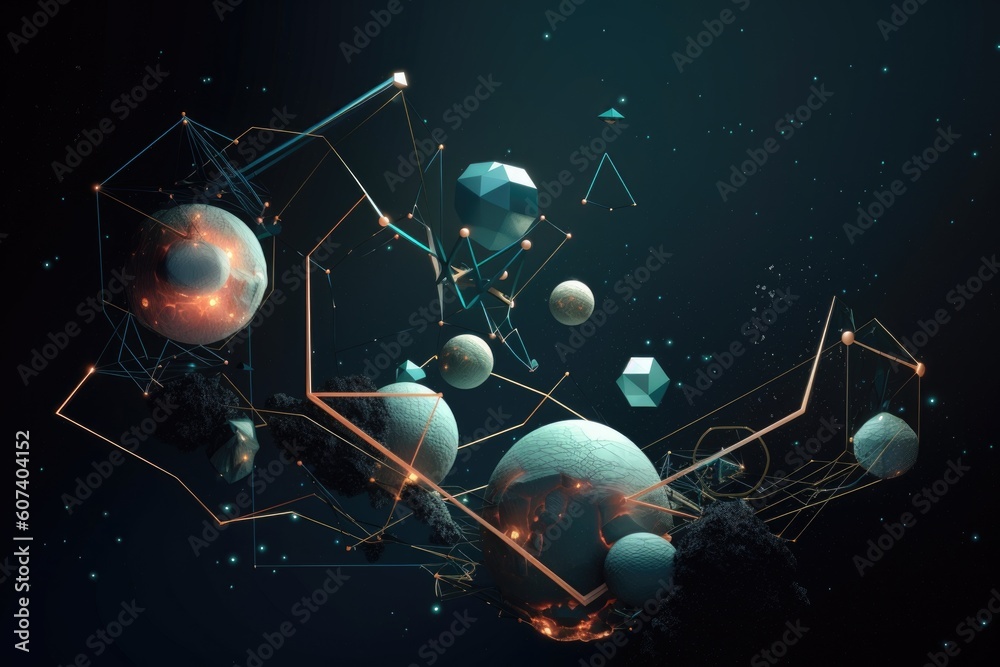Wall mural 3d geometric form floating in space, with stars and planets visible in the background, created with 