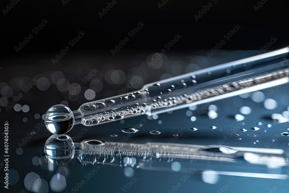 Sticker close-up of pipette, with droplets of liquid visible, created with generative ai