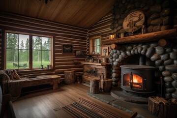 cozy cabin retreat with warm fireplace and stack of wooden logs for the perfect cozy getaway, created with generative ai