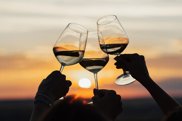 A group of girlfriends raise a toast with glasses of white wine on a sunset. Close shot.