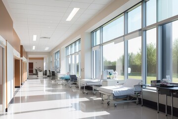 Fototapeta na wymiar modern hospital, with sleek and minimalist design elements, featuring floor-to-ceiling windows for natural light, created with generative ai