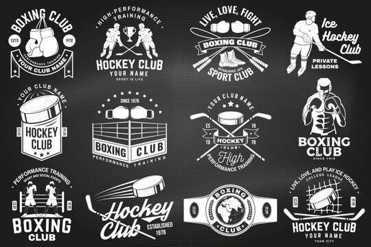 Set of Boxing club and Ice Hockey club badge, logo design on chalkboard. Vector. Sticker, patch with hockey player, sticker, puck , helmet, skates, Boxer, gloves, boxing jump rope and shoes Silhouette