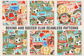 Boxing and Soccer club seamless pattern. Vector. For football club background with boxer, boxing gloves, boxing shoes, soccer, football player, goalkeeper and gate. Boxing, soccer sport pattern