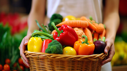Close up hand holding basket with fresh colorful vegetables in supermarket. Generative AI