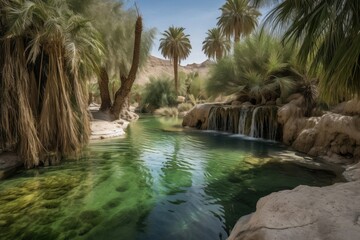 Fototapeta na wymiar desert oasis, with waterfalls and greenery in the background, created with generative ai