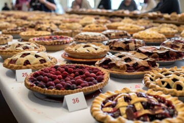 cherry pie baking competition, with contestants showcasing their best and most creative cherry pies in a variety of sizes, created with generative ai