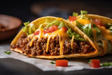 close-up of crispy taco shell, filled with seasoned ground beef and melted cheese, created with generative ai