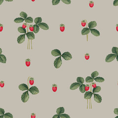 Hand painted illustrations of Strawberries. Seamless pattern design. Cottegecore print. Perfect for fabrics, wallpapers, apparel, home textile, packaging design, stationery and other goods