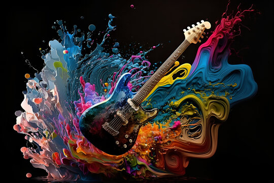 The concept of a music festival. Electric guitar on a dark background with colorful bright splashes. Generate Ai Generative AI