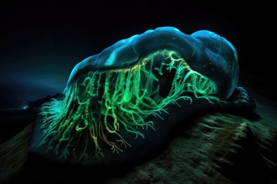 alien life form, with its bioluminescent skin and surroundings, creating stunning visual effect, created with generative ai