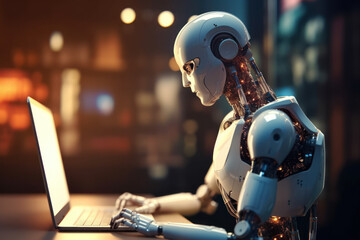 Fototapeta premium Ai robot using laptop at office background. Technology future concept. Generative ai.