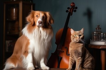 cat musician with violin, dog playing cello, created with generative ai