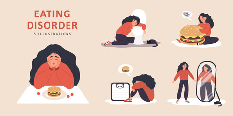 Eating disorder. Sad woman worries about being overweight. Overeating, bulimia, anorexia. Food addiction concept. Rejection of yourself. Set of vector illustrations in flat cartoon style.