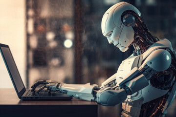 Fototapeta na wymiar Ai robot using laptop at office background. Technology future concept. Generative ai.