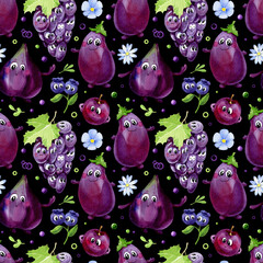 Watercolor seamless pattern. Purple cartoon fruits and vegetables characters. Bunch of grapes, figs, plums, blueberries and eggplant, and floral elements. Isolated on a black background. - 607406118