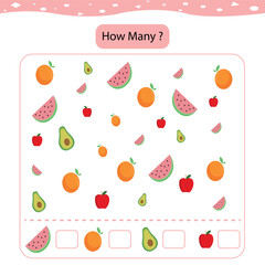 Counting game, how many fruits. Educational children game, printable worksheet