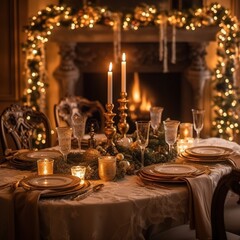 Beautiful served table with decorations, candles and lanterns. Generative AI