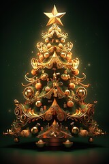 Christmas tree with Xmas star, balls and lights. Generative AI