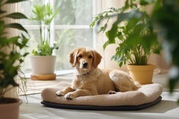 Cute dog lying on cooling mat in hot day at home. AI Generated