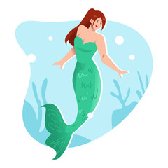 beauty mermaid in the sea. Isolated on sea background, marine plants, seaweed.  cartoon flat vector illustration.