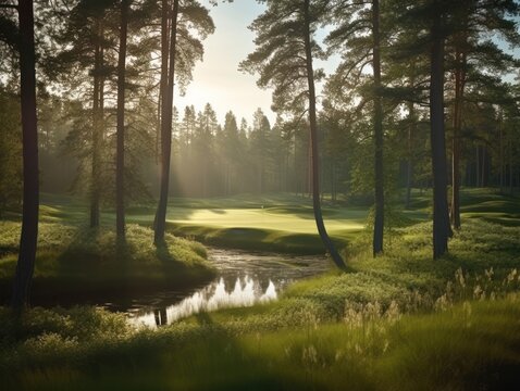 very beautiful golf course with dramatic natural light, generative ai