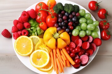 Naklejka na ściany i meble plate of fresh fruits and vegetables, with variety of colors, created with generative ai