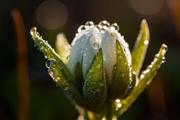 close-up of a blooming flower bud, with dew drops and morning light shining through, created with generative ai