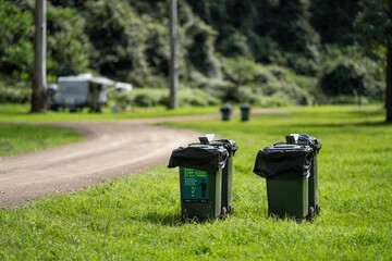 Bins at a campground. Efficient Waste Management System with Wheelie Bins at a Picturesque Camping Site in NSW National Park, Australia