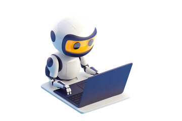 Isometric AI Robot by Computer, Transparent Background, Futuristic Business Illustration, AI Generative
