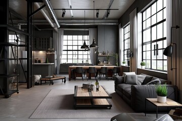 Fototapeta na wymiar industrial home, with sleek and modern furniture in the living room, created with generative ai