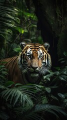 Fototapeta premium a tiger hiding in the foliage of the jungle shows its muzzle with an emphasis on the eyes. Generative AI