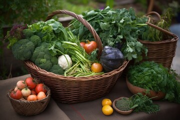 basket of freshly picked vegetables and herbs, ready to be cooked, created with generative ai