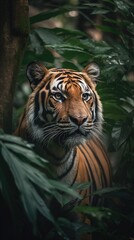 a tiger hiding in the foliage of the jungle shows its muzzle with an emphasis on the eyes. Generative AI