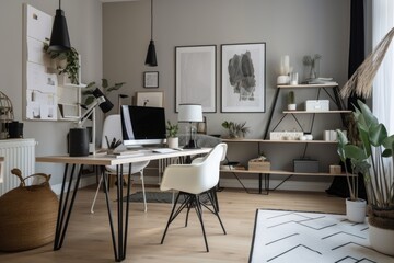 stylish and functional home office with sleek furniture, ergonomic workspace, and stylish decor, created with generative ai
