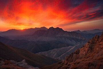 Naklejka premium majestic mountain range with fiery sunsets illuminating the canyons, created with generative ai