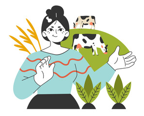 Organic farm. Rural area traveling, cows on a meadow. Slow traveling idea.