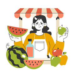 Farmer organic market. Woman sell own growth green natural